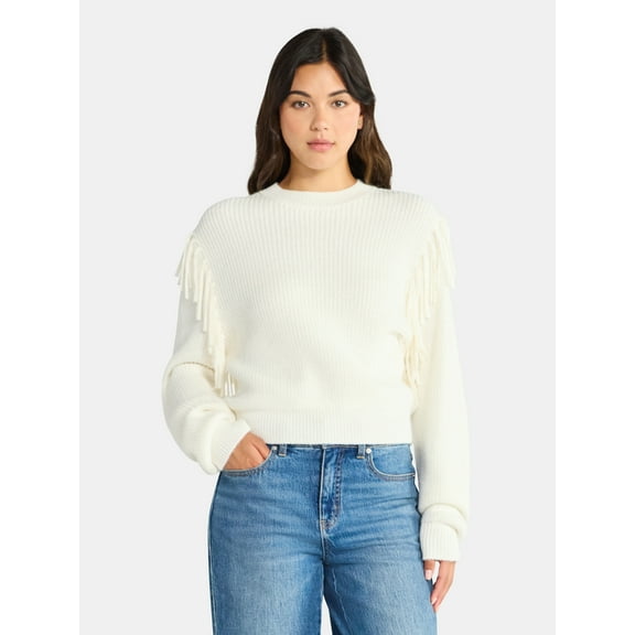 Time and Tru Women's Fringe Pullover Sweater, Midweight, Sizes XS-XXXL