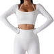 thumbnail image 1 of Mujer Yoga Top fitness crewneck Halter Masajeadores de cuello manga larga pulgar agujero entrenamiento ropa deportiva con almohadilla en el pecho blanco M, 1 of 7