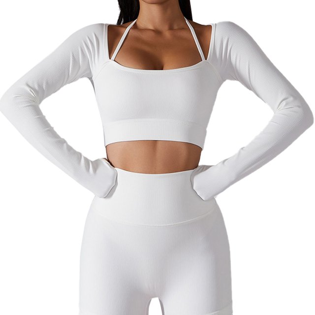 Mujer Yoga Top Fitness Cuello Redondo Halter Manga Larga Agujero Para El Pulgar Ropa Deportiva De Entrenamiento Con Almohadilla Para El Pecho Blanco L