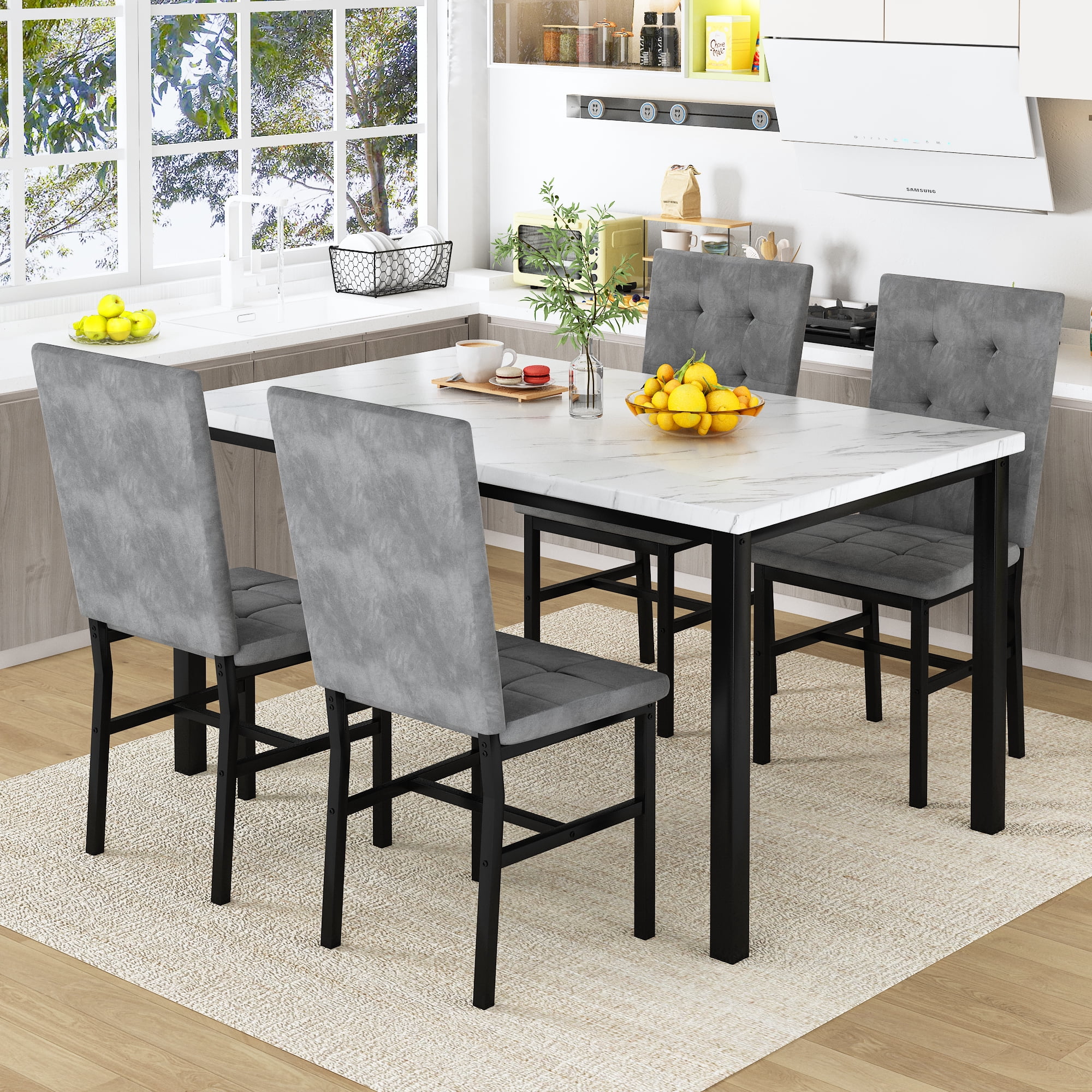 Baxluxe 4-Person Dining Table Set for 4, 5 Pieces Faux Marble Kitchen Table and Chairs Set, Rectangle Dining Table with 4 Tufted Velvet Dining Chairs, Modern Dinette Set for Breakfast Nook, Gray