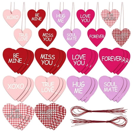 

Wooden Valentine Pendant Love Wood Chips Pink Plaid Hanging Wood Signs Home Party Atmosphere Decorative Wood Chips