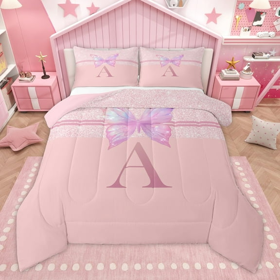 Manfei Gradient Flying Butterfly 2pcs Bedding Comforter Set for Children Kids Teens,Letter Monogrammed Initial A Twin Comforter Sets,Bling Glitter Breathable Bedding Set,Ultra Soft Home Decor