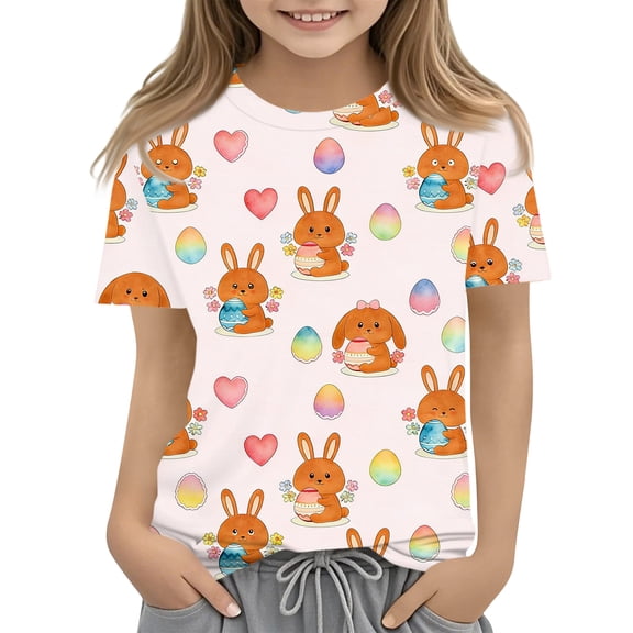 YOUYEDIAN Easter Girls T Shirt Kids Easter Cute Short Sleeve Crewneck Bunny Eggs Graphic Tops Teen Casual Funny Shirts (Complexion, 4-5 Years)