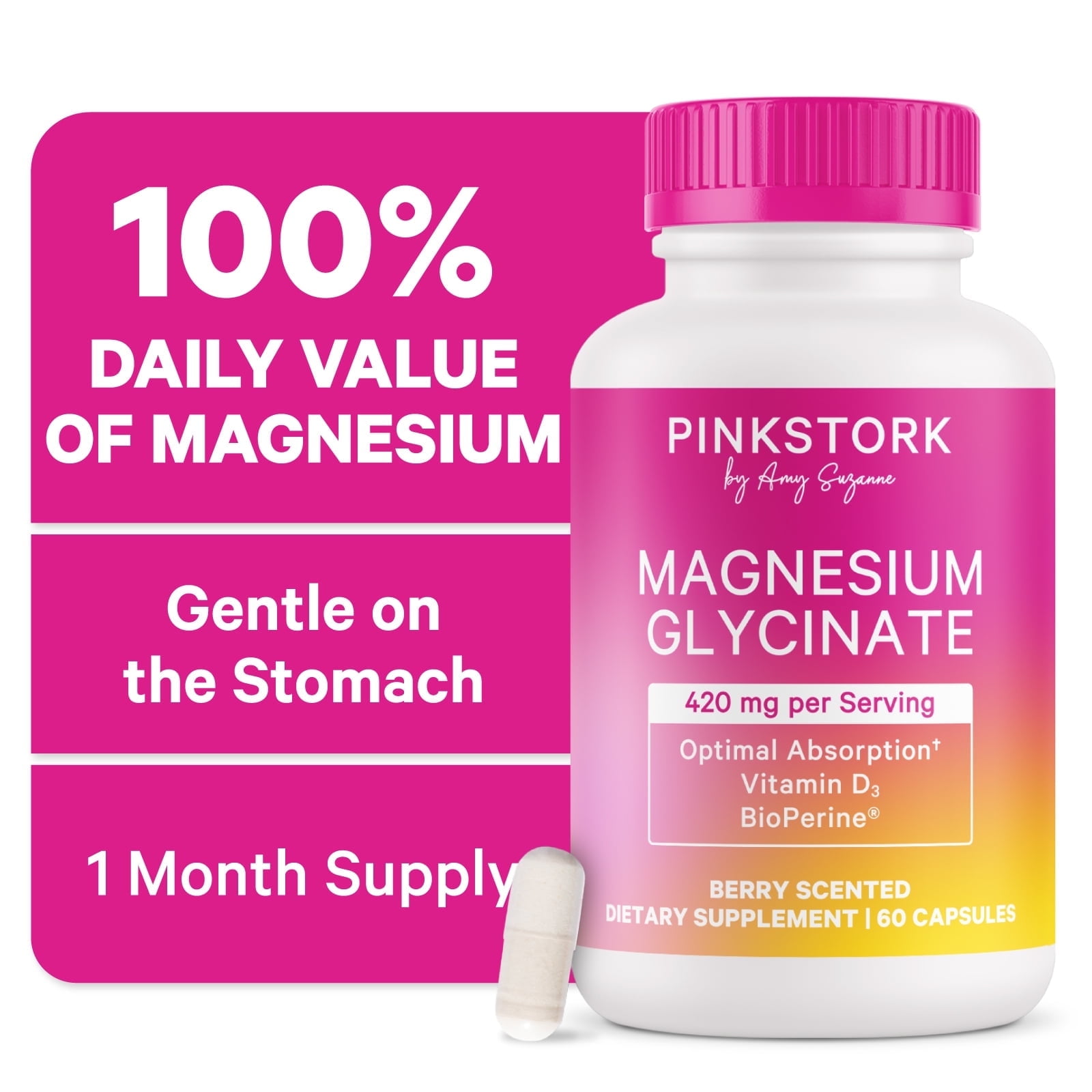 Pink Stork Magnesium Glycinate with Vitamin D - Magnesium Supplement for Women to Support Natural Calm, Mood, and Sleep - Hormone Balance for Women - 60 Capsules, Berry Essence, 1 Month Supply