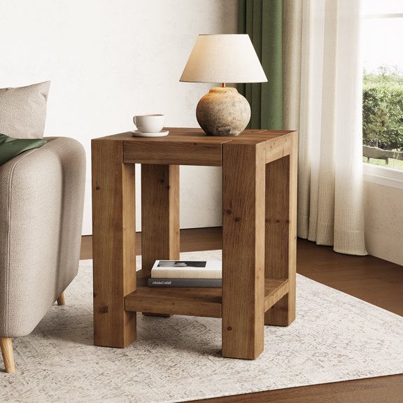 Finmind 2-Tier Solid Wood Side Table, Farmhouse Small Square Sofa End Table with Storage Shelves for Living Room, Bedroom, Brown