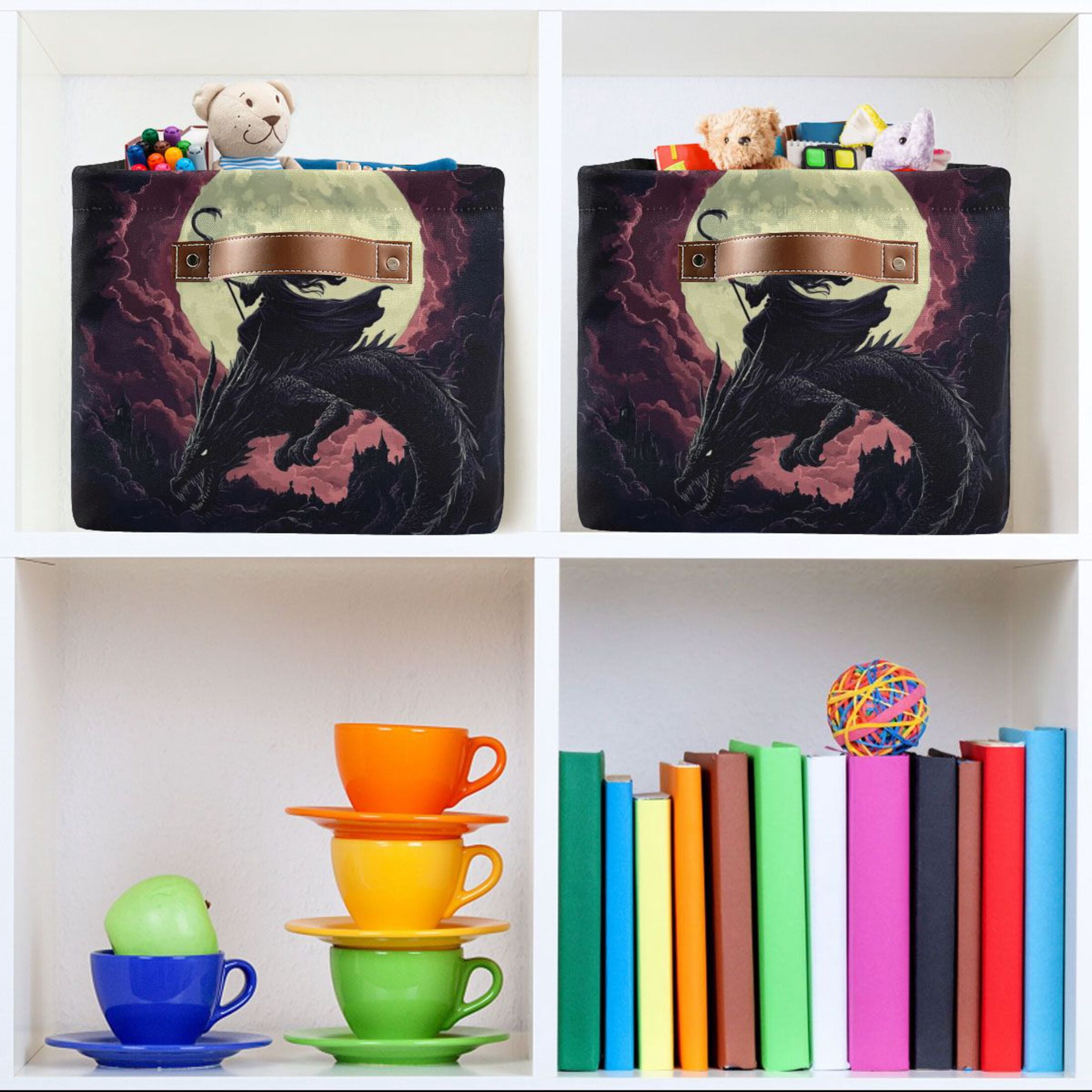 WOBOGO Witches and Black Dragon Square Storage Basket with Waterproof Canvas and PE Lining Durable PU Leather Handles 14.2×10.2×8.3in