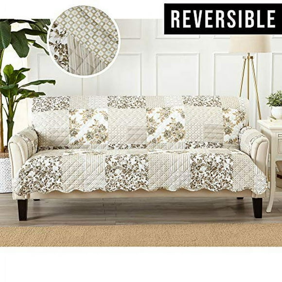 great Bay Home Patchwork Scalloped Printed Furniture Protector Stain Resistant couch cover (Sofa, Taupe)