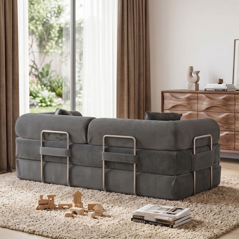 Anpport 78.8" Compression Boneless Sectional Sofa, Convertible Floor Sleeper Bed with Pillow Back Armrest, Corduroy Fabric, Grey, for Living Room Bedroom