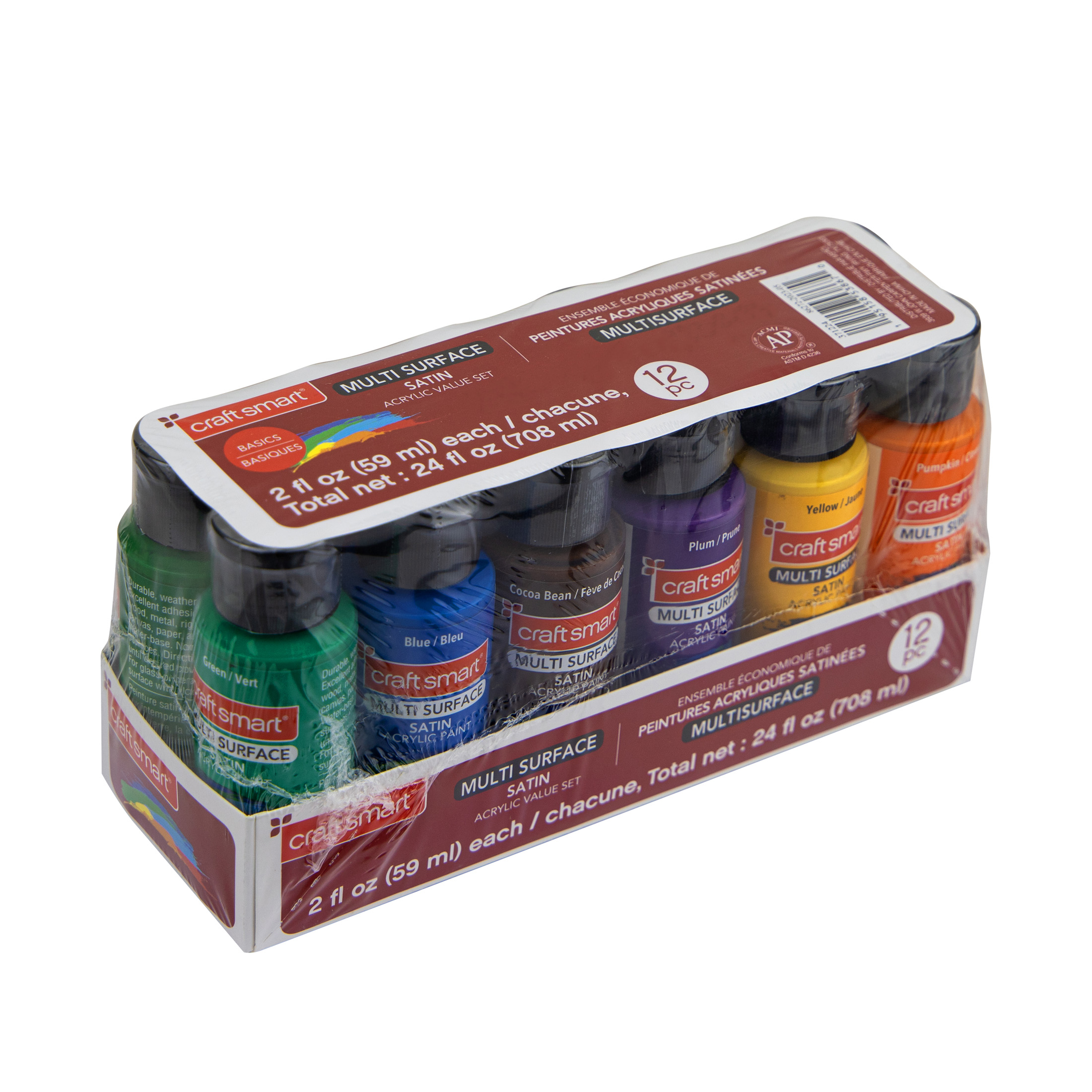 Craft Smart Basic Colors Premium Satin Acrylic Paint Set - Assorted Multi-Surface Colors, Bakeable for Dishwasher-Safe Finish, 6 Pack