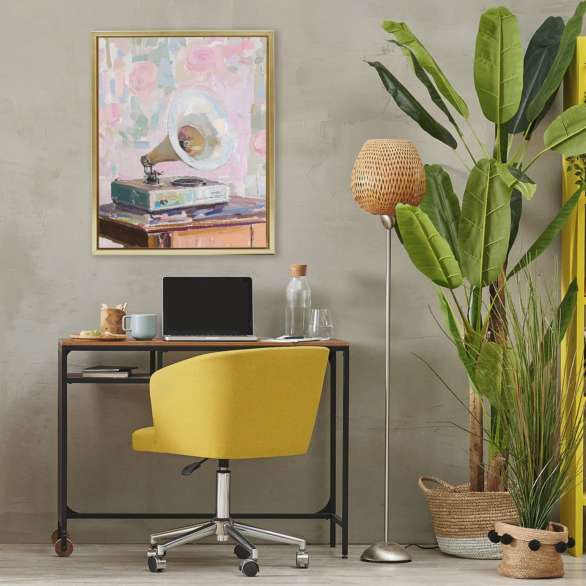 Stupell Industries Vintage Gramophone in Soft Pastels Gold Framed Floater Canvas Wall Art, design by The Prints Vibe