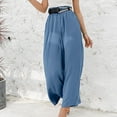 thumbnail image 6 of ShomPort Womens Cotton Linen Pants Elastic High Waist Wide Leg Trousers Full Length Casual Pants with Pockets (Blue), 6 of 9