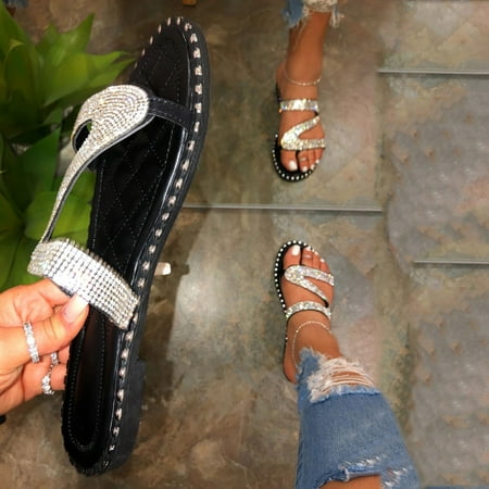

Cathalem Shoes Women Sandals Beach Slip-On Flat Toe Open Summer Breathable Rhinestone Women s Two Strap Sandals Women Size 11 Black 10