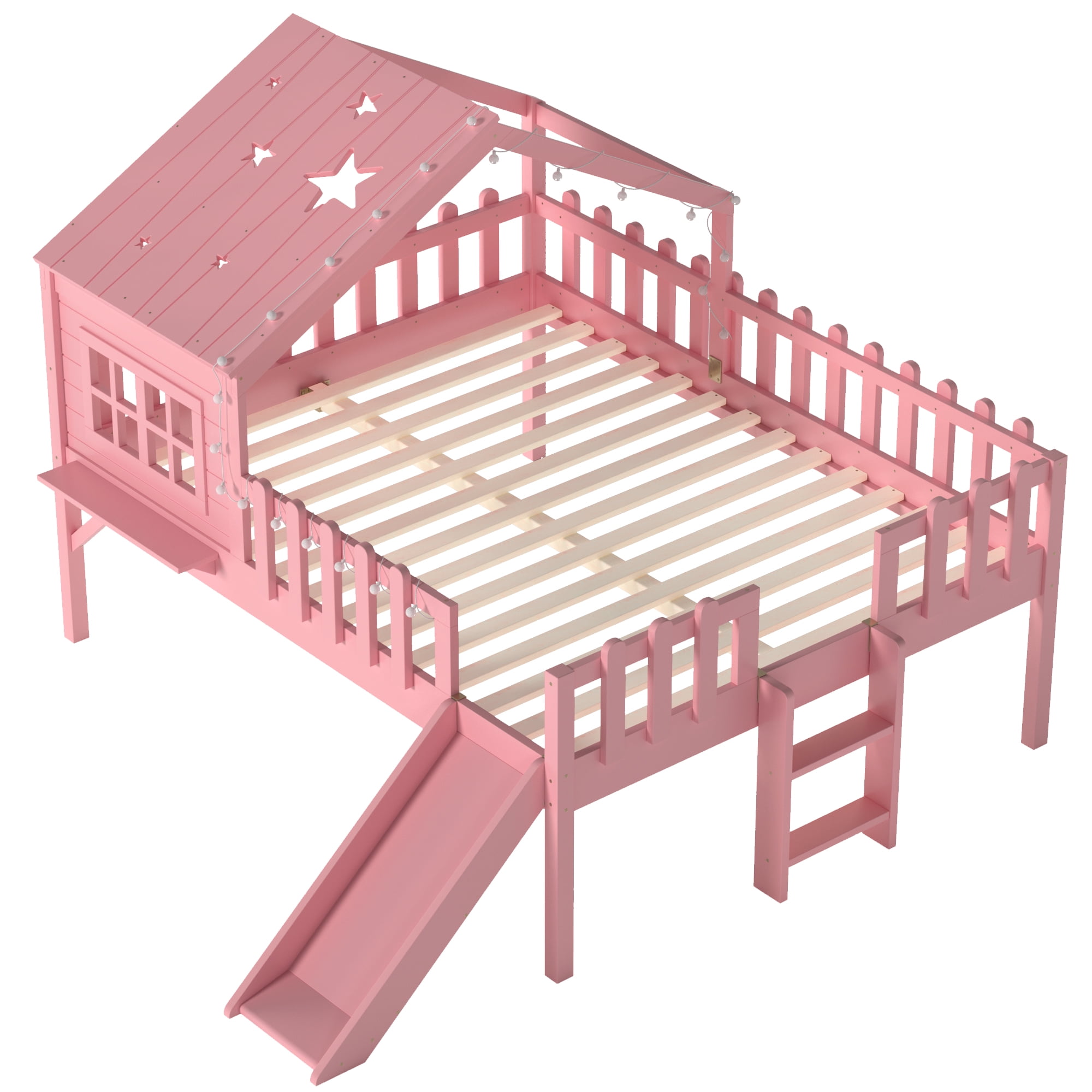 Mintazer Full Size Kids House Loft Bed with Slide & LED Lights, Modern Playhouse Bed with Star Shaped Designs & Ladder, No Box Spring Needed, Pink