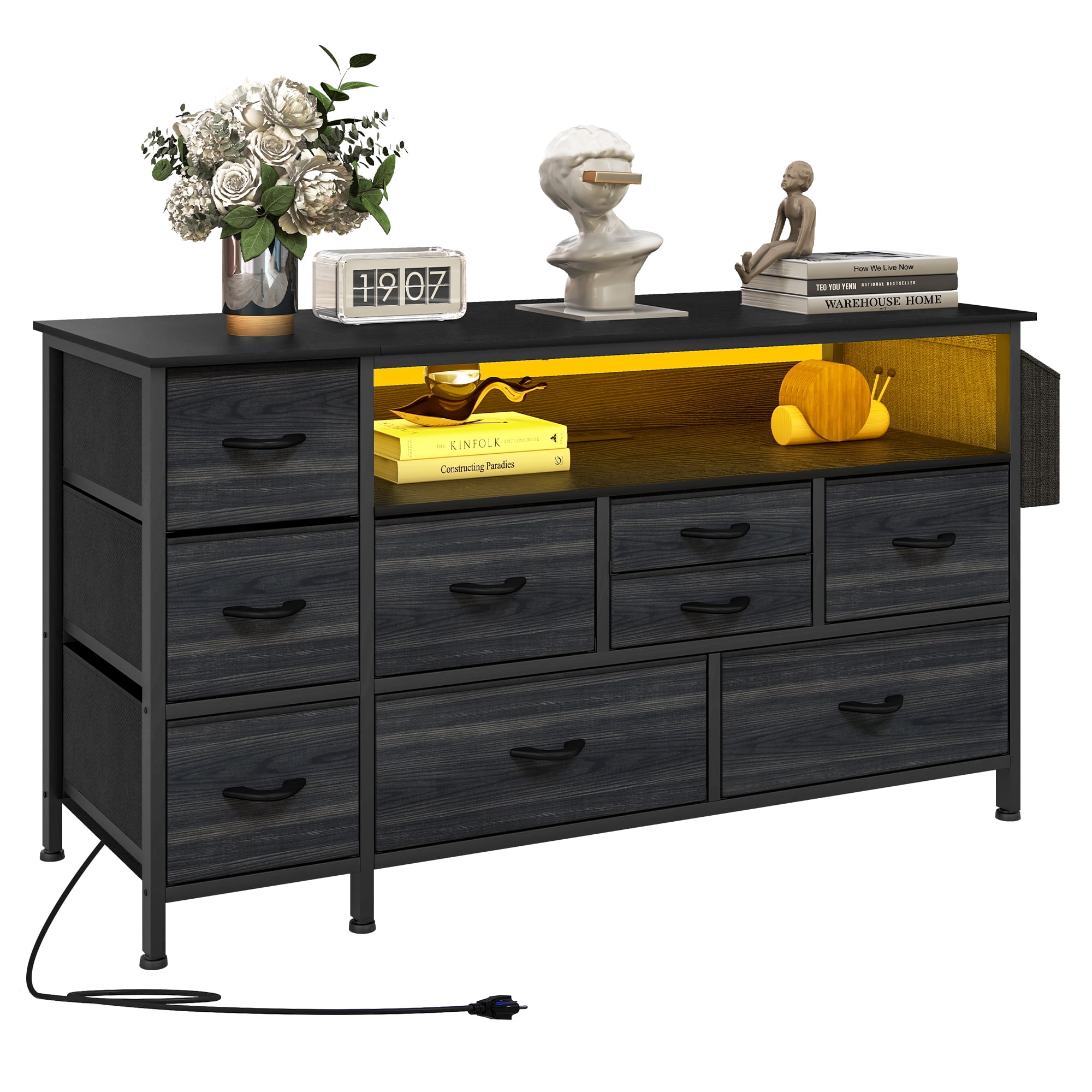 Uforic 9-Drawer Dresser for Adults, TV Stand with Power Outlet for 55'' TV, Side Pockets & Hooks