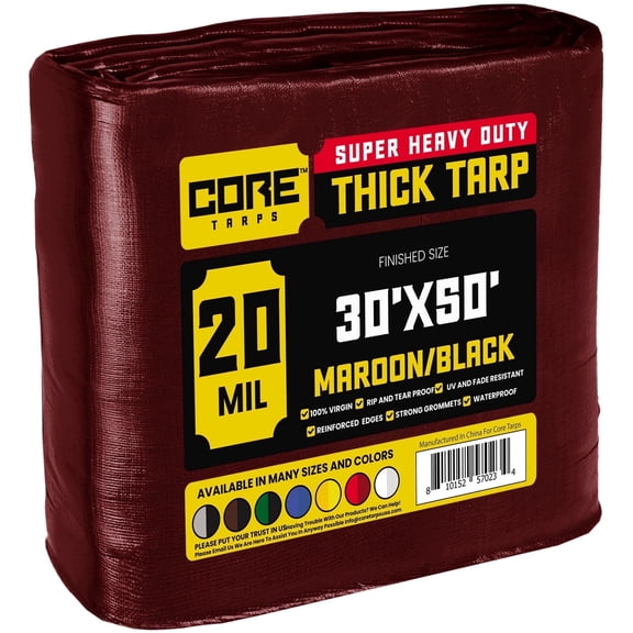 Core Tarps 20 Mil Heavy Duty Tarp Tarpaulin Waterproof Cover, Maroon/Black 30' x 50'