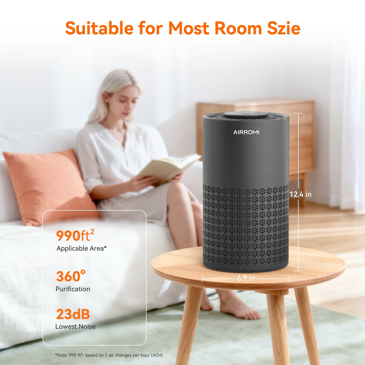 AIRROMI Air Purifier for Home Bedroom Covers 990 Ft² - Hepa 3-in-1 Filter, with Aromatherapy, Night Light & Timer, Remove Smoke, Pet Dander, Odor, Dust,A2001 Black