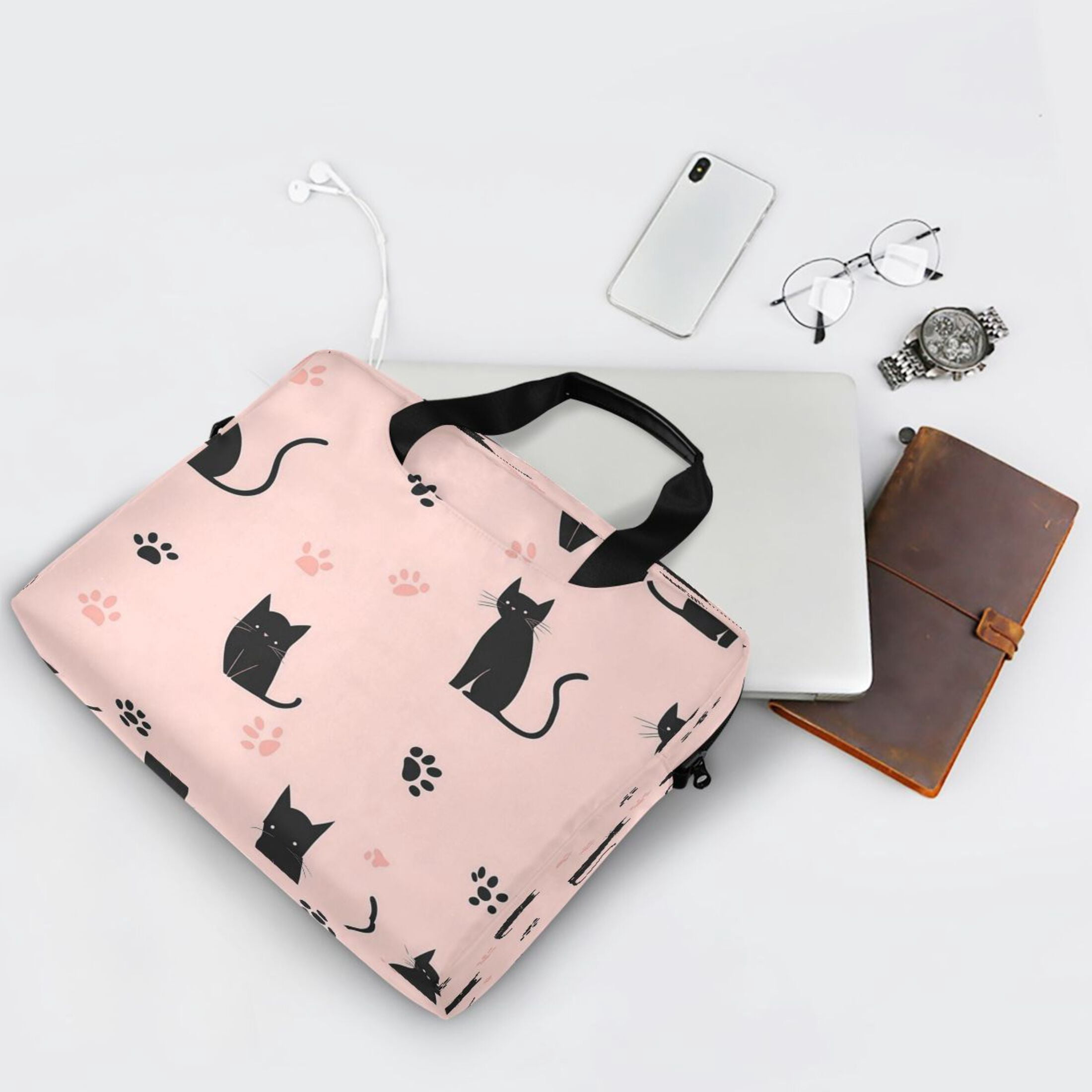 16" Laptop Tote Bag Laptop Sleeve Case Computer Briefcase for Work & Travel Black Cat and Cat's Paw