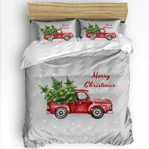 Merry Christmas Winter Twin Size Comforter Set, Cow Red Truck Tree Gray Soft Bedding for All Seasons, 4 Pcs Bed Set with 1 Comforter (68"x86") ,1Sheet(66"x116"), 2 Pillowcases (19"x29")