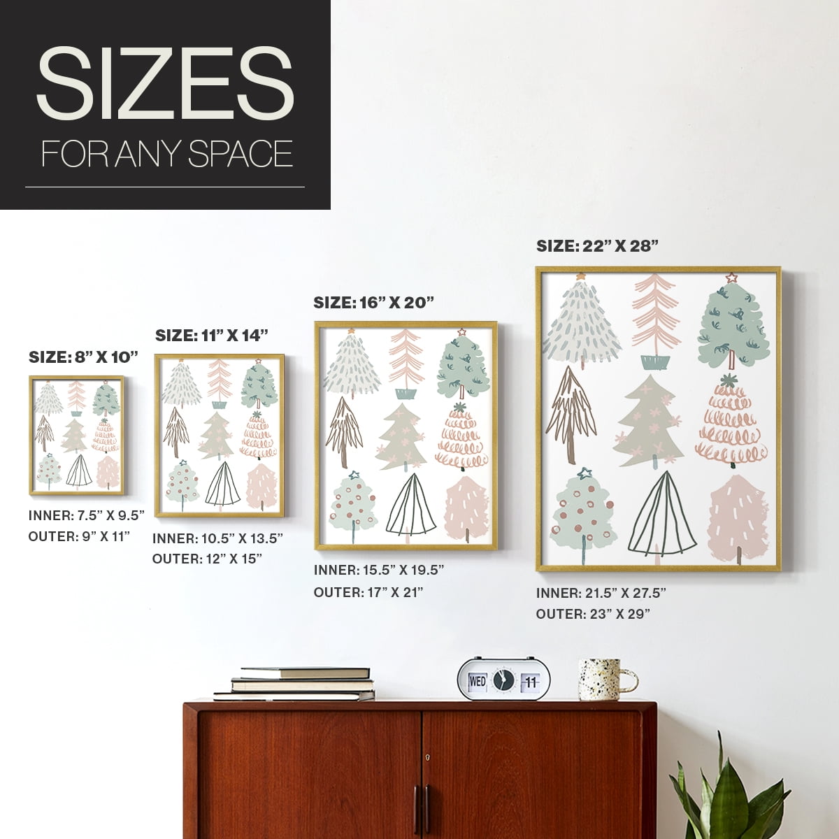 Christmas Tree Sketchbook I Framed Print in Gold Solid Wood Framed Print No Nail Hanging