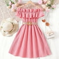 thumbnail image 2 of Favoffer Summer Girls Solid Color Off-Shoulder Dress Ruffle Belted Fit & Flare Sundress Casual Party Travel Photoshoot 6-13Y, 2 of 8