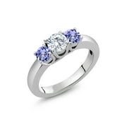Gem Stone King 925 Sterling Silver 3-Stone Wedding Jewelry Bridal Ring Forever Classic Round 1.10cttw Created Moissanite by Charles & Colvard and Tanzanite