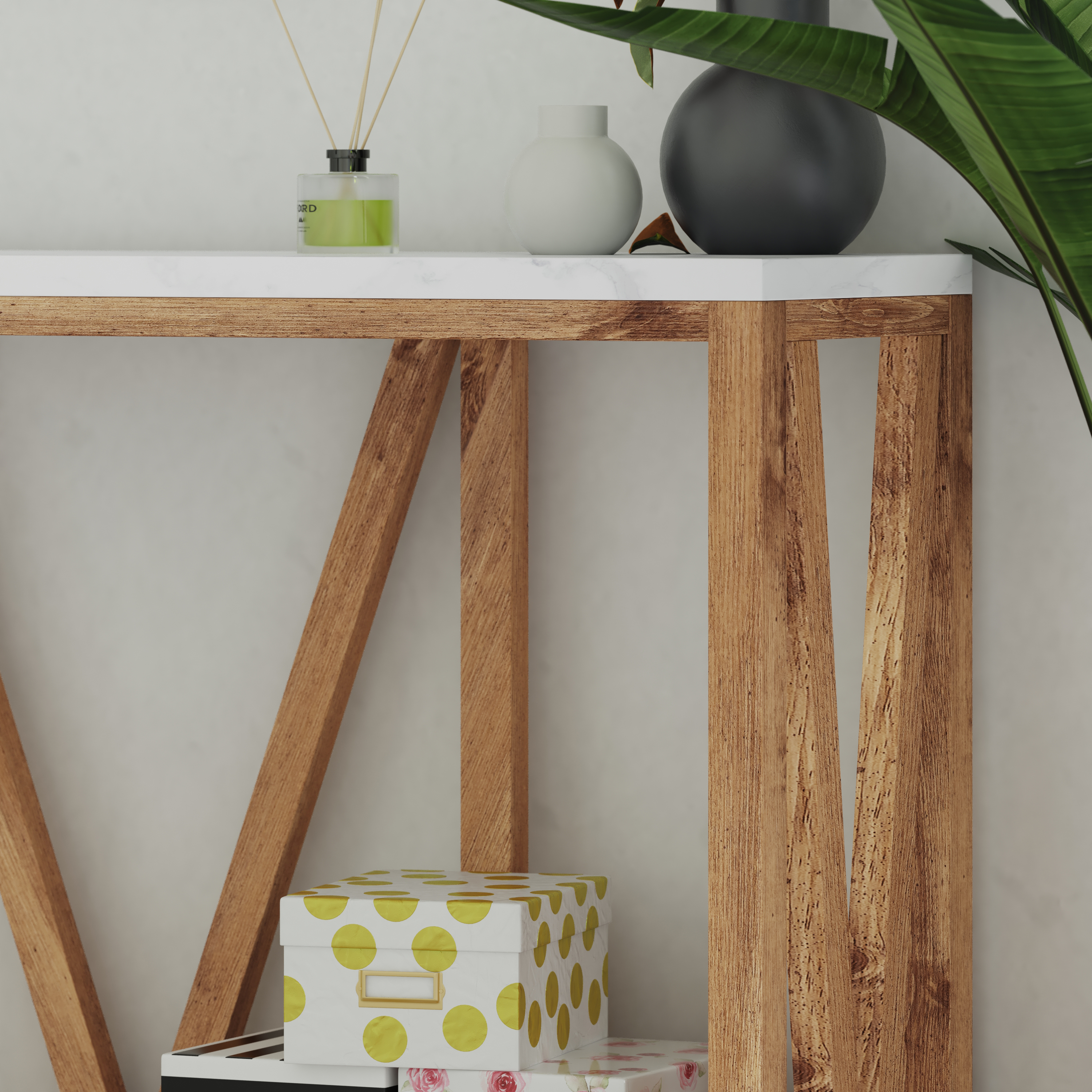 Emma + Oliver Modern Farmhouse Entryway Console Accent Table in Warm Oak with Faux Marble Finished Wood Top