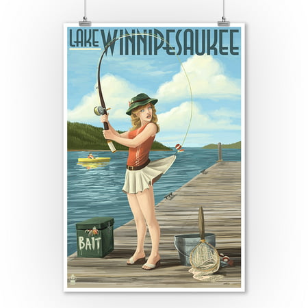Lake Winnipesaukee, New Hampshire - Pinup Girl Fishing - Lantern Press Artwork (9x12 Art Print, Wall Decor Travel