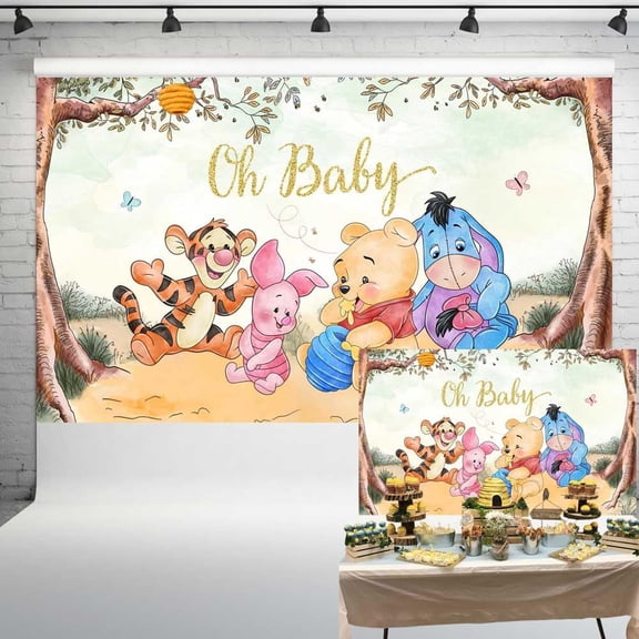 Cartoon theme party Pooh Bear cartoon Background cloth newborn birthday baby party decoration photo photography props 5x3FT