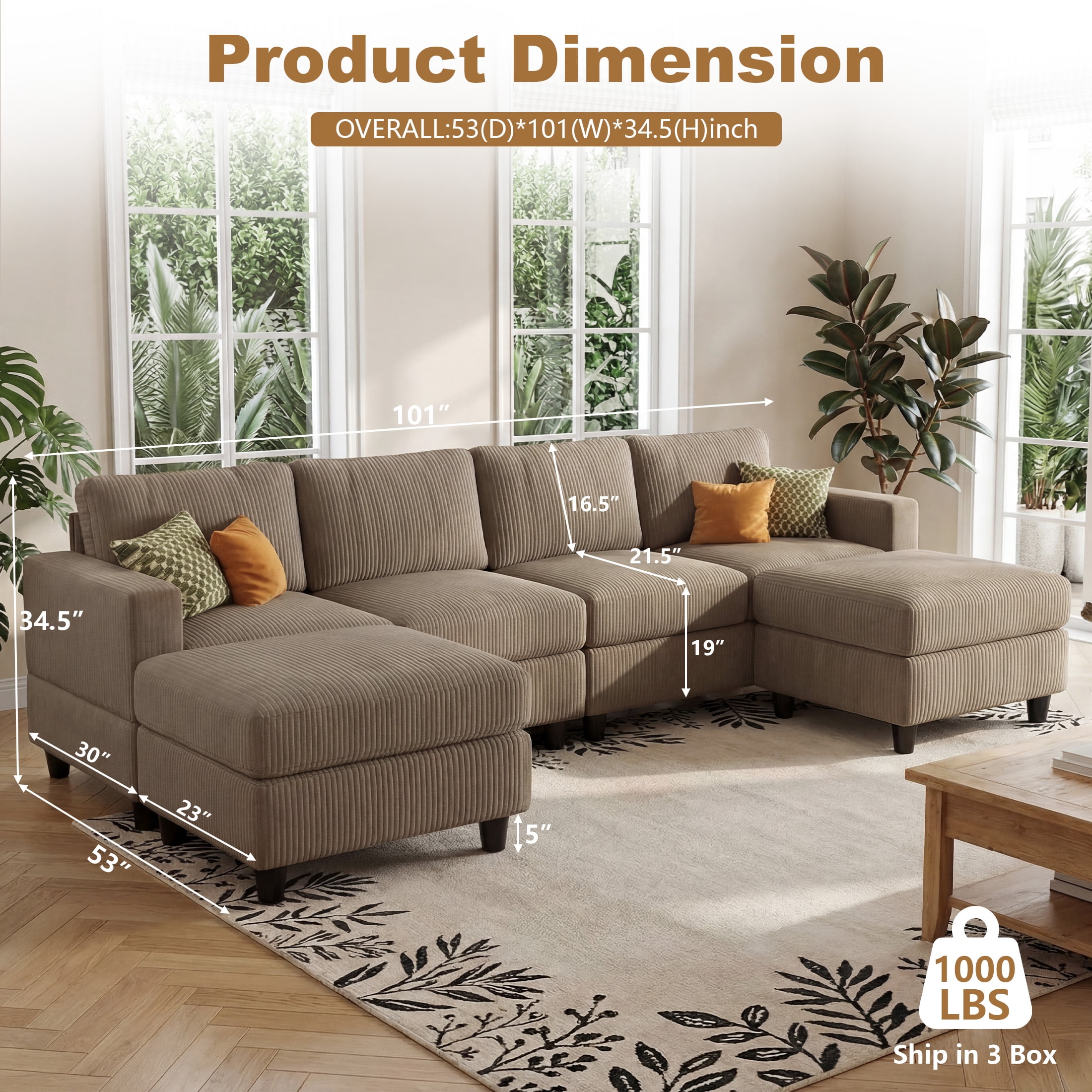 Aukfa 101" Corduroy U-Shaped Sectional Sofa with 2 Ottomans, 6-Seater Cloud Couch, Camel