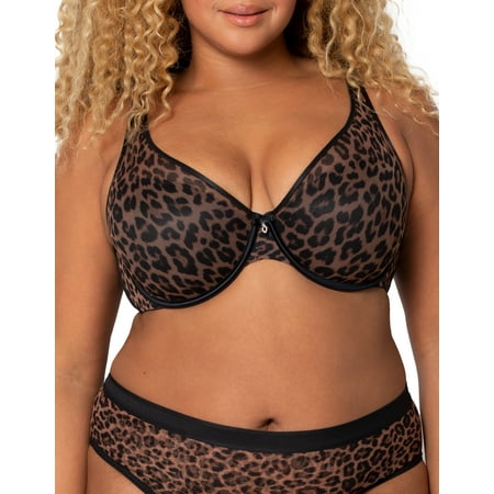 Women s Curvy Couture 1310 Sheer Mesh Plunge Push Up Underwire Bra (Designer Leo 38DD)