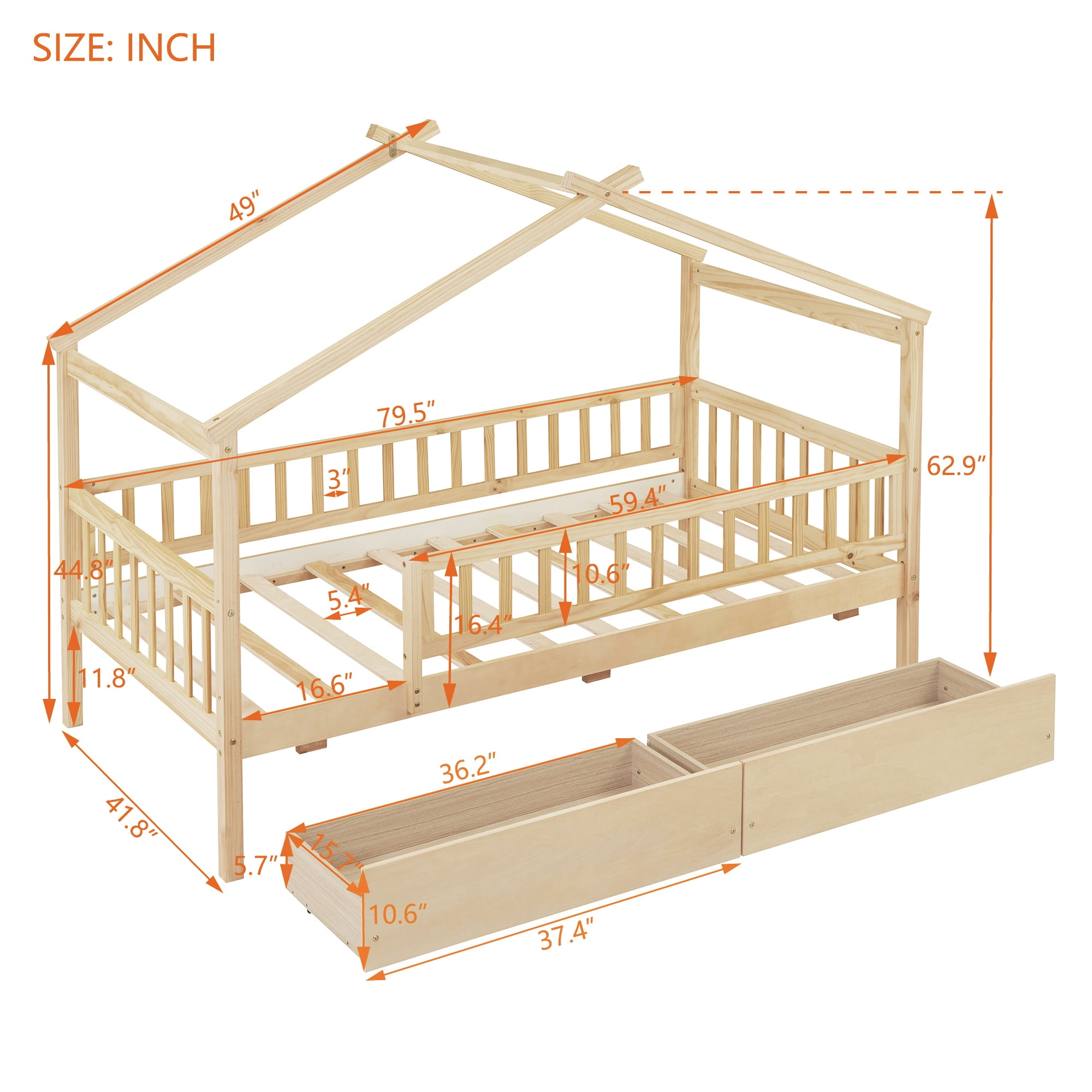 Harper & Bright Designs Twin House Bed with 2 Storage Drawers, Twin Bed Frame with Rails and Roof, Wooden Tent Montessori Bed for Girls & Boys, Natural