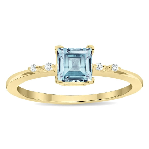 SZUL Women's Square Shaped Aquamarine and Diamond Sparkle Ring in 10K Yellow Gold