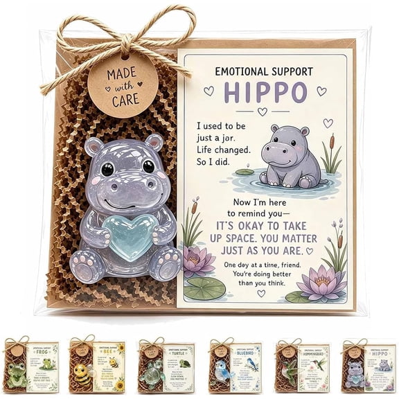 Emotional Support Glass Animal Gift, Pocket Hug Gift with Card (Hippo)