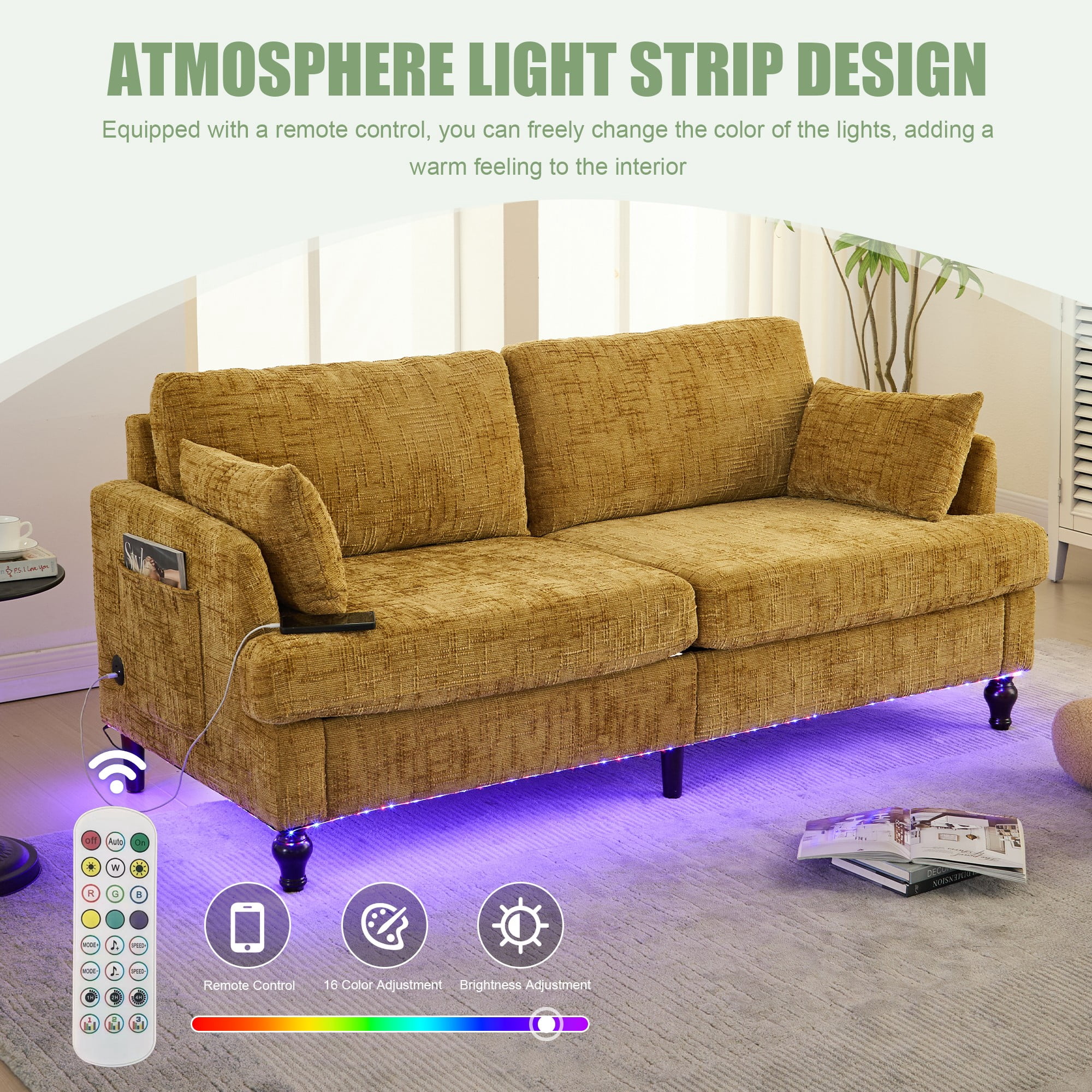 68.9" Sofa Couch,Modern 2 Seater Upholstered Loveseat Sofa Couch with LED light&USB for Living Room,Bedroom,Mustard yellow