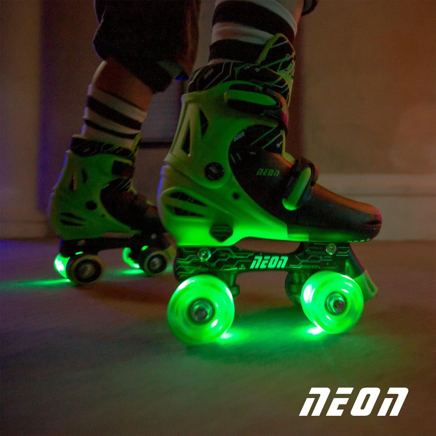 Yvolution Neon Roller Skates 2 in 1 Inline Skates and Quad - Girls and Boys Kids Skates, Size 12-2 Adjustable, One Pair, Green