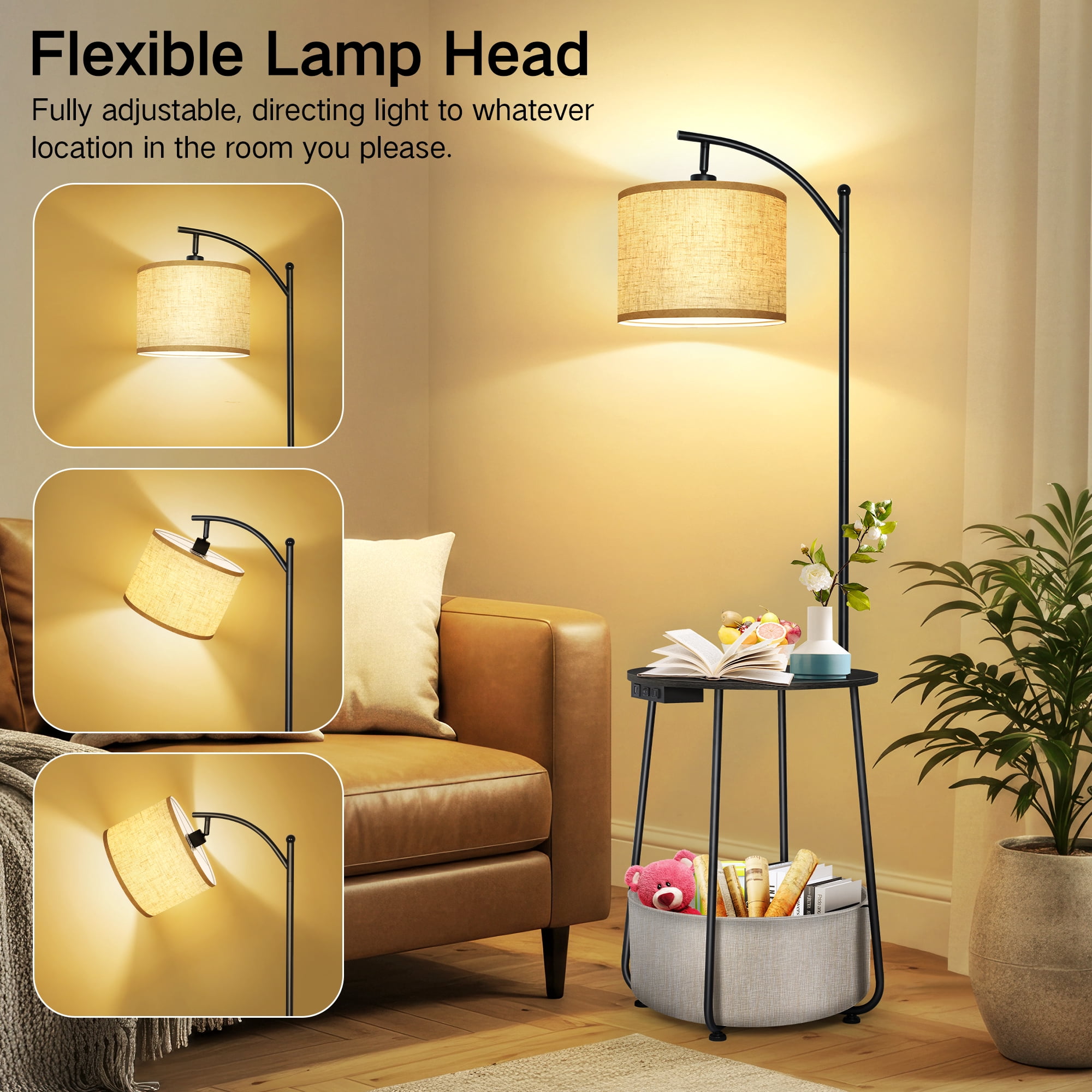 OUTON Floor Lamp with Table, End Table with Lamp for Living Room with USB & Type C Charging Port, Dimmable Lamps for Nightstand Attached for Bedroom, Black