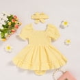 thumbnail image 3 of ZEHJUHAN Infant Girls Smocked Bubble Romper Dress Short Puff Sleeves with Matching Headband Yellow，6-12M, 3 of 7