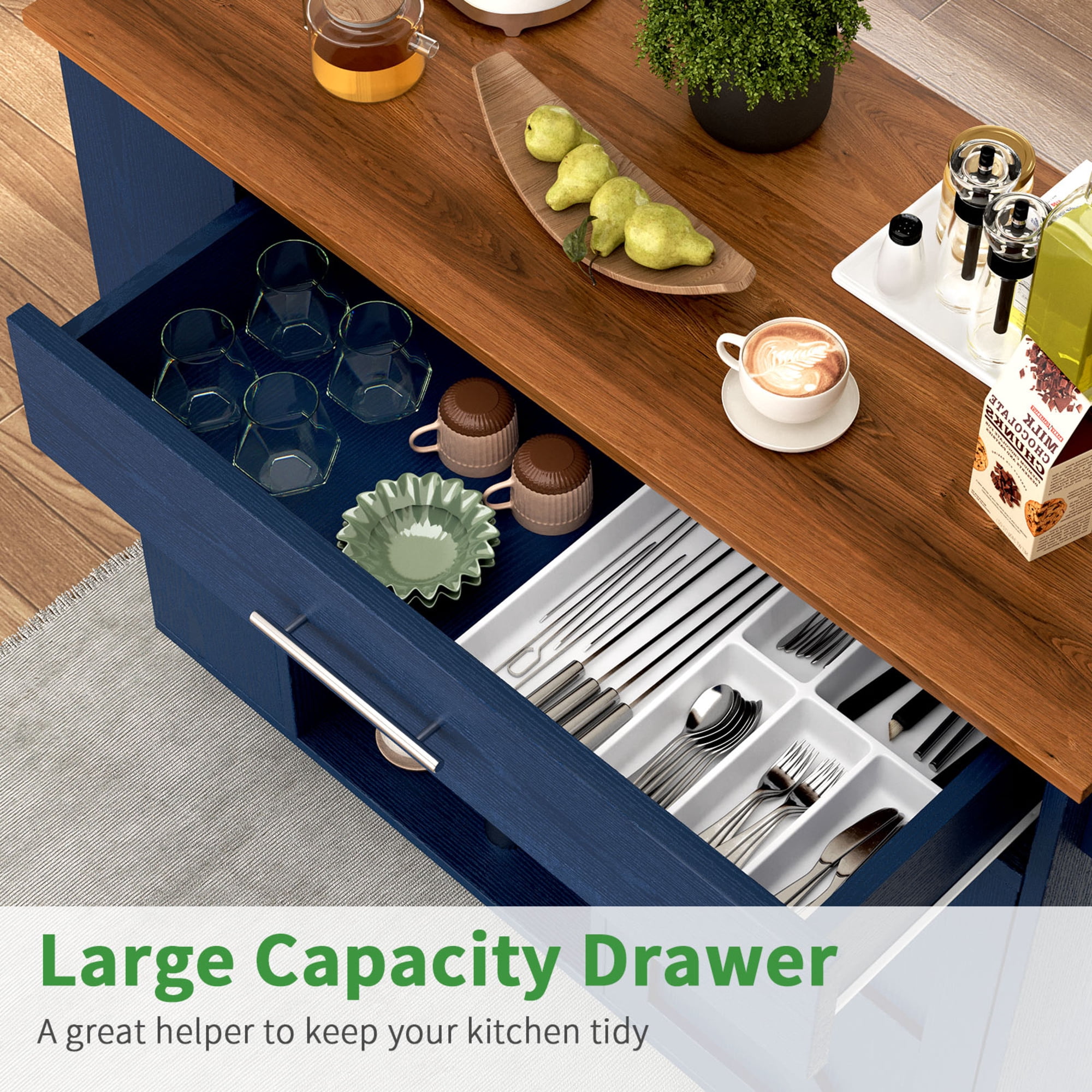Kitchen Island on Wheels with Storage, Rolling Cart with Spice Rack, Towel Rack, Open Shelves & Drawer, Portable for Kitchen/Dining, Blue