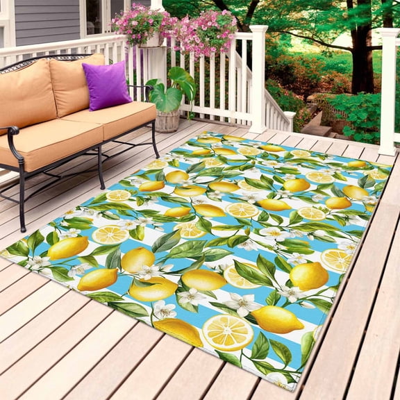 Summer Lemon Outdoor Rug 5x7 Ft, Non Slip Washable Area Rug, Yellow Green Watercolor Botanical Aqua Striped Patio Rugs Carpet Runner, Large Floor Mat for Indoor/Outdoor Deck Porch Camping