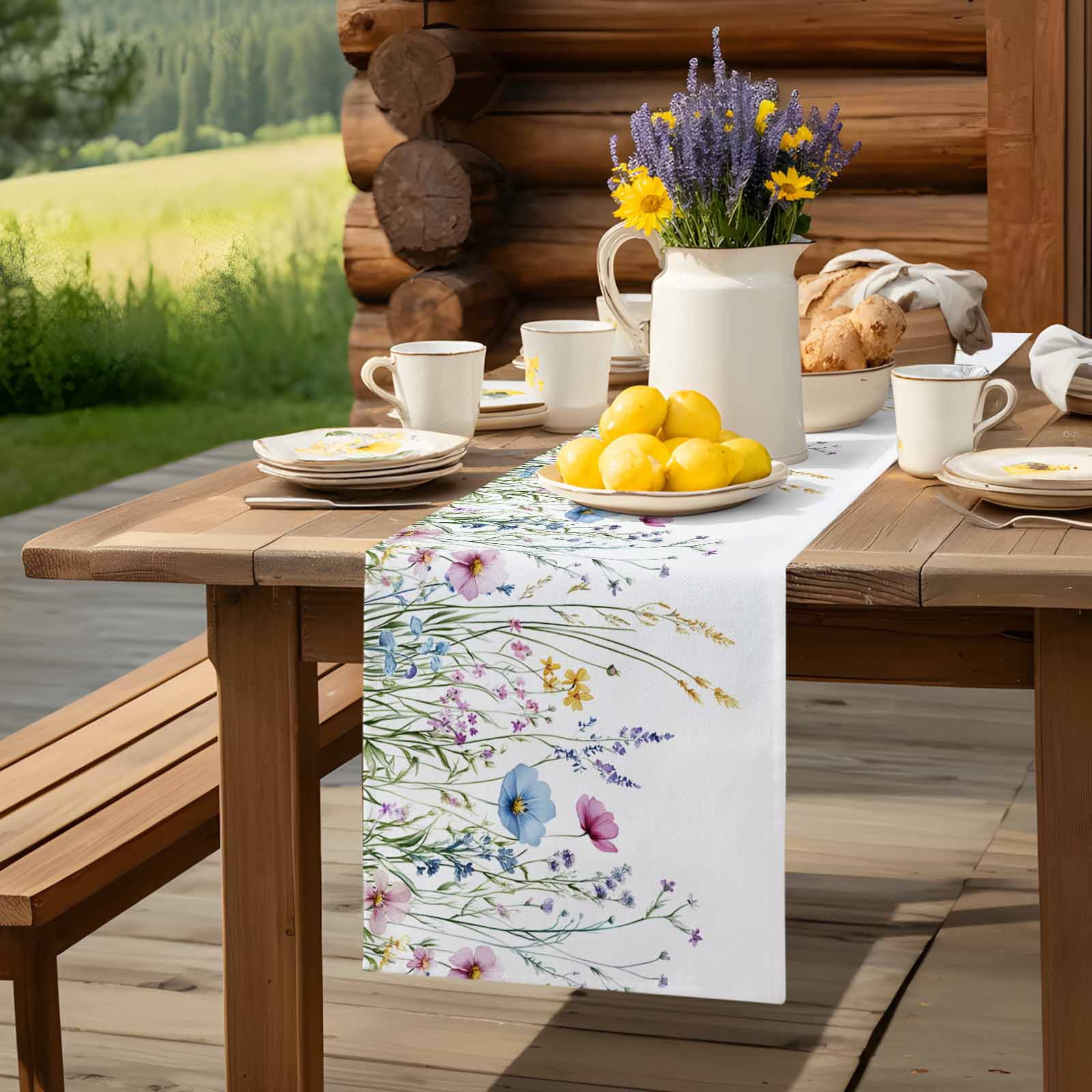 Farm Flower Watercolor Wildflower Table Runner 90 Inches Long, Farm Plant on White Table Runners Tabletop Scarf Kitchen Dining Tables Decoration for Home Party Indoor Outdoor