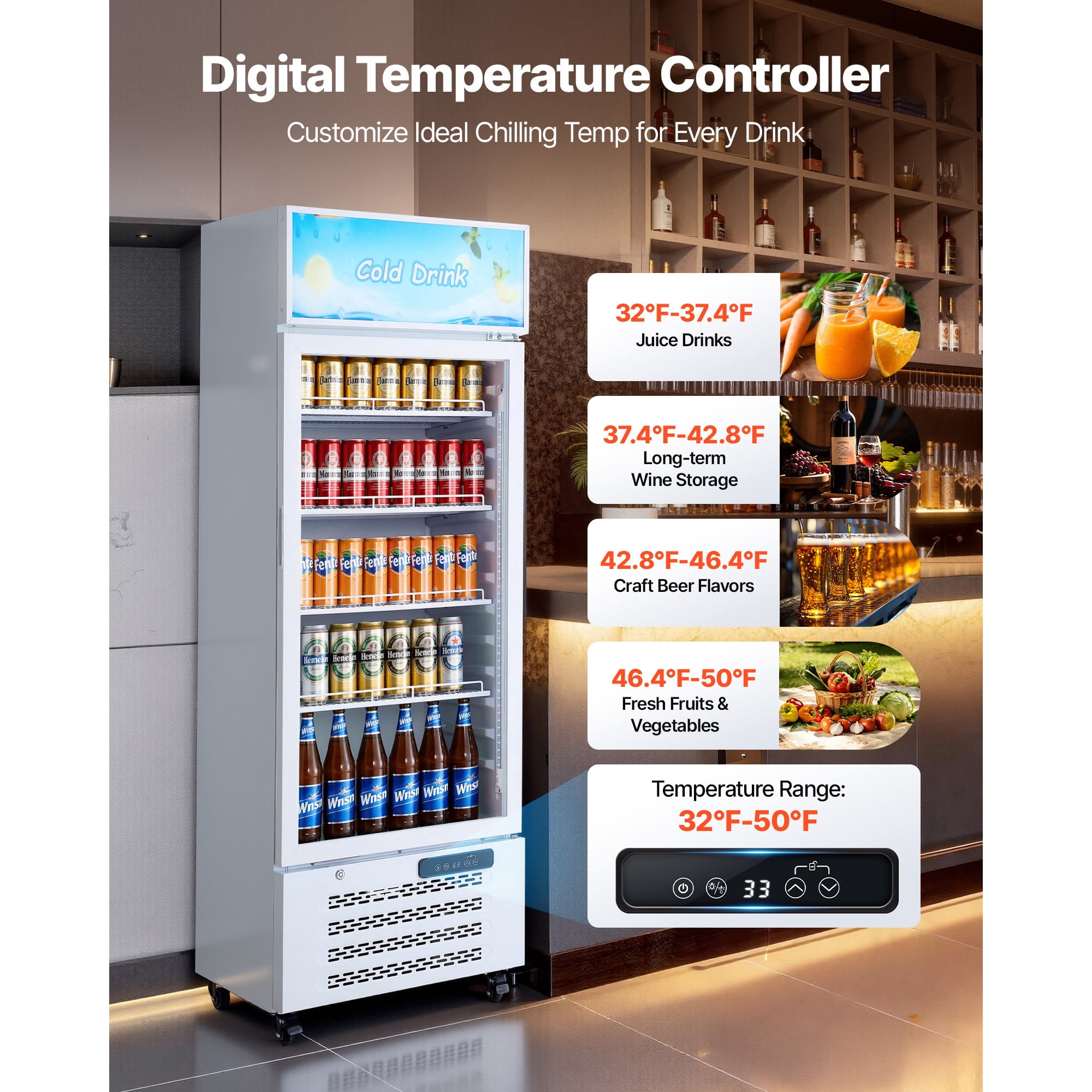 KFFKFF Commercial Glass Door Refrigerator, 9.6 Cu.Ft / 273 L Upright Beverage Cooler with Adjustable Shelves, LED Lighting, and Customizable Lightbox for Home or Business Use