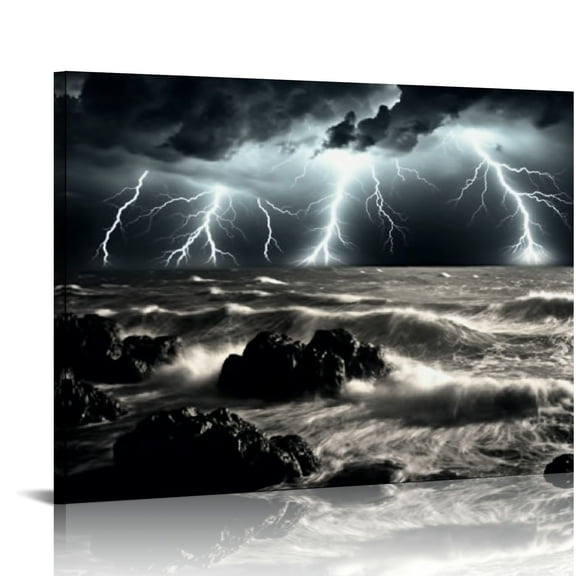 ONETECH  Black and White Sea Canvas Wall Art Ship in Stormy Picture Ocean Lightning Paintings Prints 20x16in