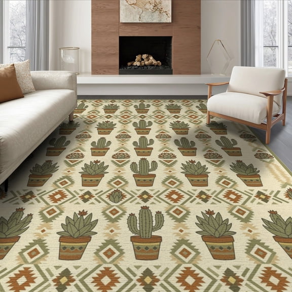 ODIKA 8'x10' Washable Area Rug Circle Southwestern Door Bands Potted Succulents Doormat Print for Dining Room, Large Office, Lounge, Non-Slip Chair-Friendly Mat