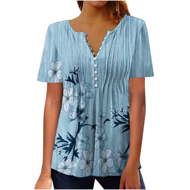 Gibobby Camisetas Mujer Manga Corta Mujeres verano impresión moda Sexy botón Cardigan manga corta camisa cuello Casual túnica ajustada ropa Tops(Azul,CH)