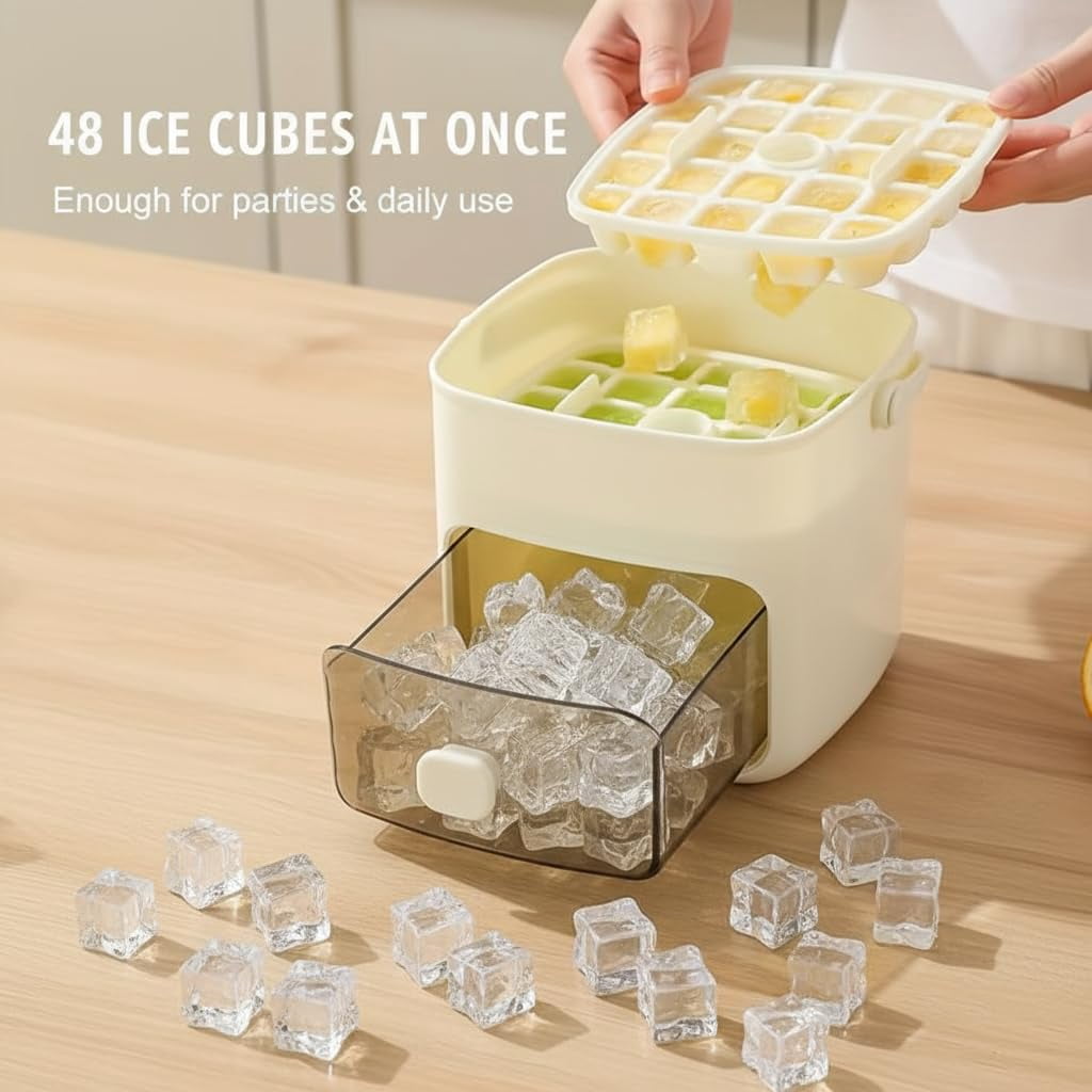 Fountwell 48-Cube Portable Ice Tray with Easy Press Lid, Double-Deck Ice Maker – Includes Container, Bin & Tongs for Whiskey, Cocktail, Coffee