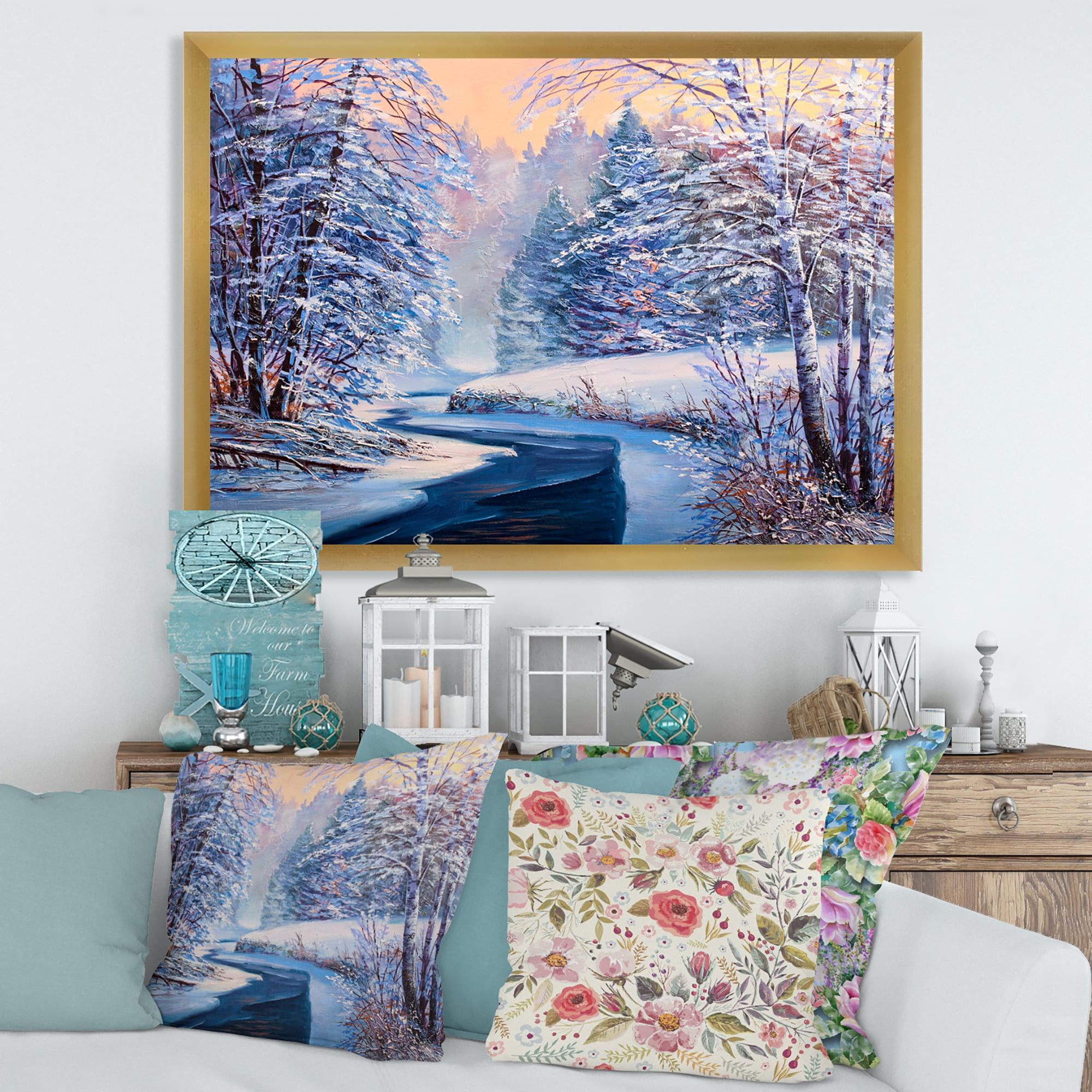 Designart 'Pastel Winter Forest With River' Lake House Framed Art Print