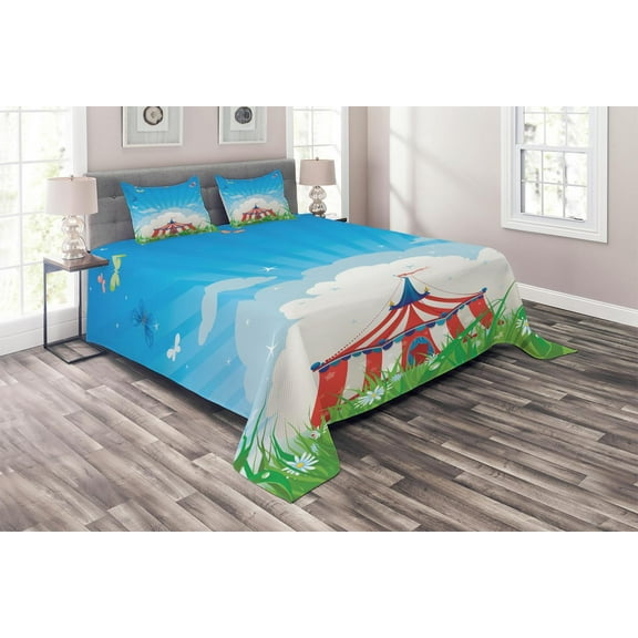 Ambesonne Retro Quilted Coverlet 3 Pcs, Circus Tent with Clouds, King Size, Red Green Blue