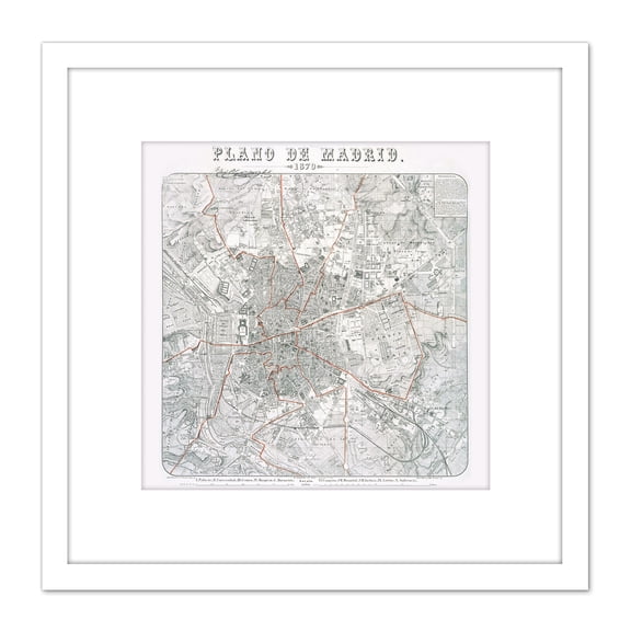 Map Antique Morales 1879 Madrid City Plan Old Replica 8X8 Inch Square Wooden Framed Wall Art Print Picture with Mount