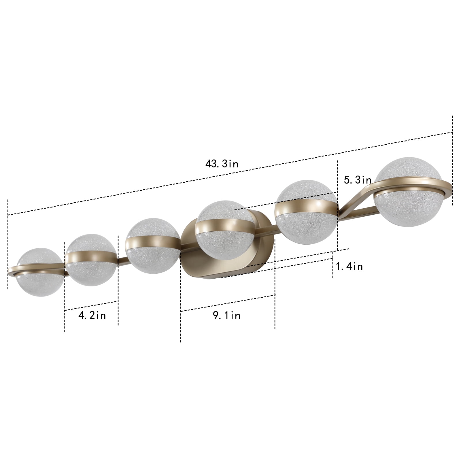 43" Gold Minimalist LED Bathroom Vanity Light with Crystal Sand Acrylic Shades, 6-Light Wall Mounted Decorative Lighting Fixture, Suitable for Bathroom Vanity Mirror