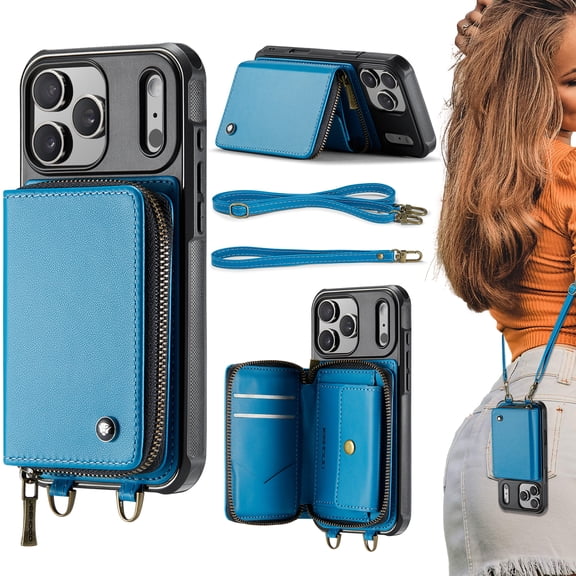 for iPhone 18 Pro Max Case Wallet, Crossbody Zipper Purse Handbag with RFID Blocking Card Slots Kickstand, Detachable Shoulder Lanyard Flip Style PU Leather Shockproof Case,Blue